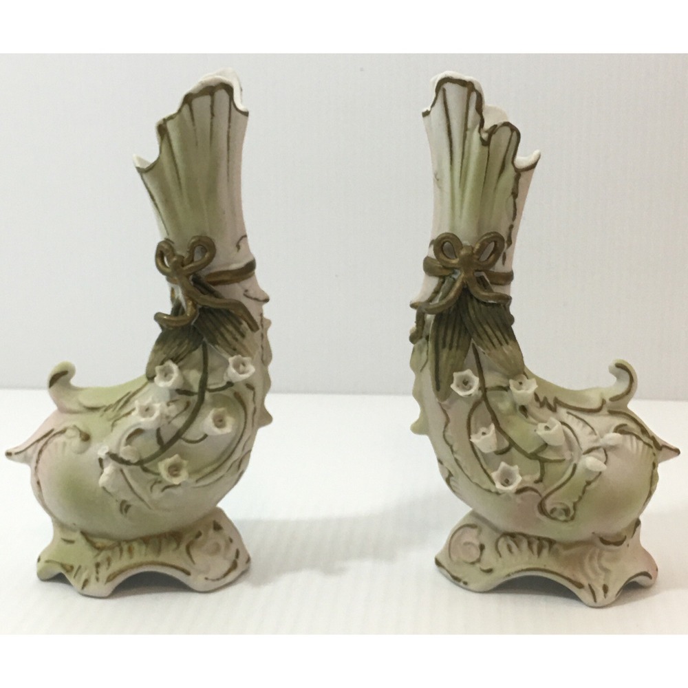 Andrea Japan Porcelain Flower Vase Pair Canterbury Bells White Gold Asian